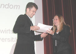 Markus Franke receiving the Young Researcher Award from Liz Lyon, Director of UKOLN, at ECDL 2004